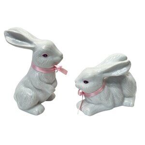 White Ceramic Bunny Pair with Pink Bows – Easter or Spring Decor – Set of 2